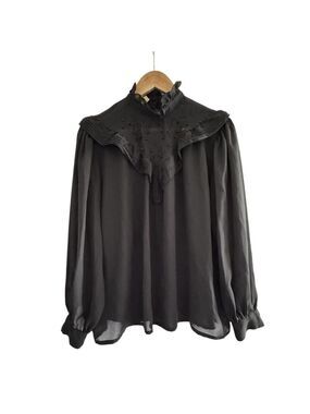 Vintage Romantic Sheer Black Blouse Prairie Goth High Neck Beaded
